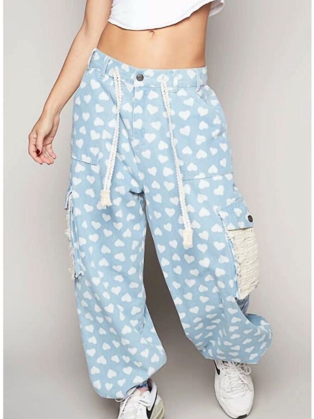 POL Heart Denim Jogger Crochet Overlay Pockets Woven Twill Pant in Heart Denim